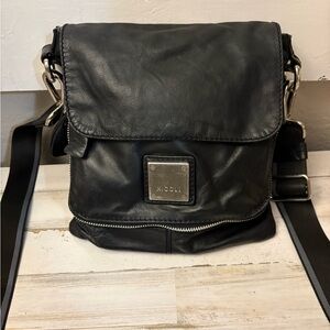 NICOLI Black Leather Messenger Bag with Silver Hardware